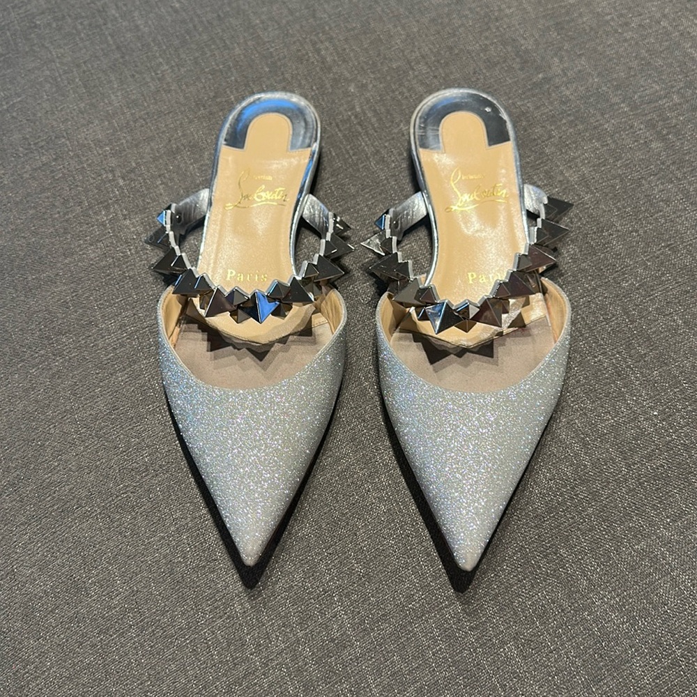 Christian Louboutin Planet Choc Silver Glitter Mules Sz. 36